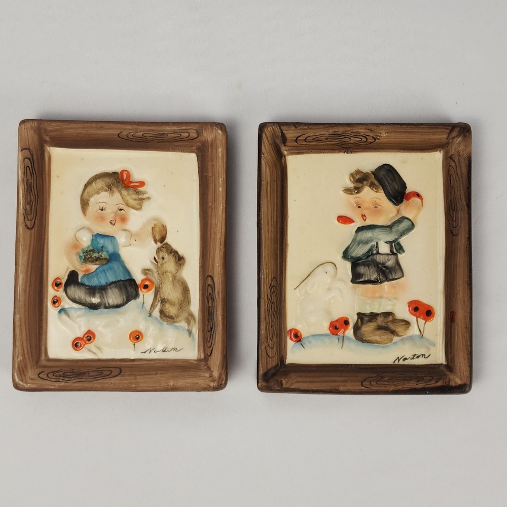 Hummel Ceramic Frame Plaque Children Antique Japan Girl Puppy Boy Bunny Lot of 2